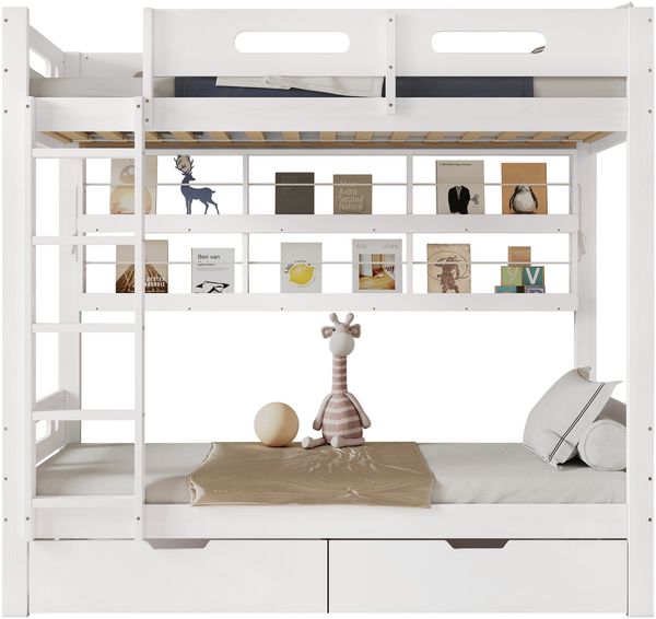 Kinder-Etagenbett 90x200 cm, mit 2 Schubladen, Ablage & Schutzgitter, Holz, weiß Bild 5