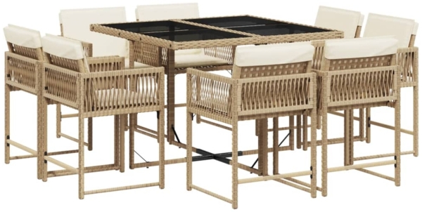 vidaXL 9-tlg. Garten-Essgruppe mit Kissen Beige Poly Rattan 3211558