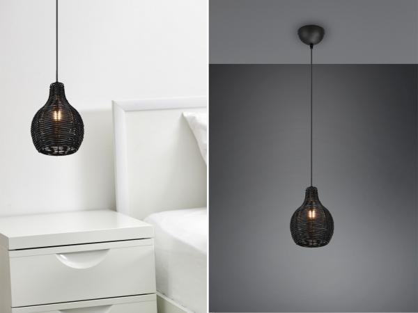 LED Pendelleuchte mit Rattan Geflecht Schwarz im Boho Stil Ø 17cm