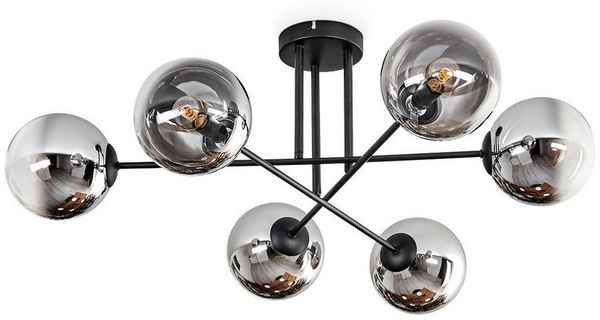 hofstein Deckenleuchte Deckenlampe aus Metall/Glas in Schwarz/Chromfarben/Rauchfarben/Klar, ohne Leuchtmittel, modernes Retro/Vintage-Design mit Schirmen aus Glas (15 cm), 6 x E14