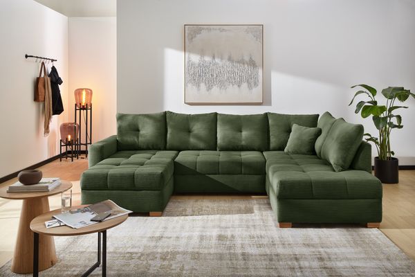 JOB 'Abby' Wohnlandschaft, Cord grün, 313 x 200 x 92 cm