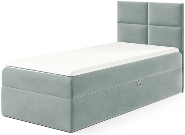 MEBLINI Kinderbett mit Bettkasten MINO 3 90x200 Rechts – H3/Blaugrau Samt Gepolstert Einzelbett mit Matratze - Polsterbett mit Stauraum - Bett mit Kopfteil – Stauraumbett