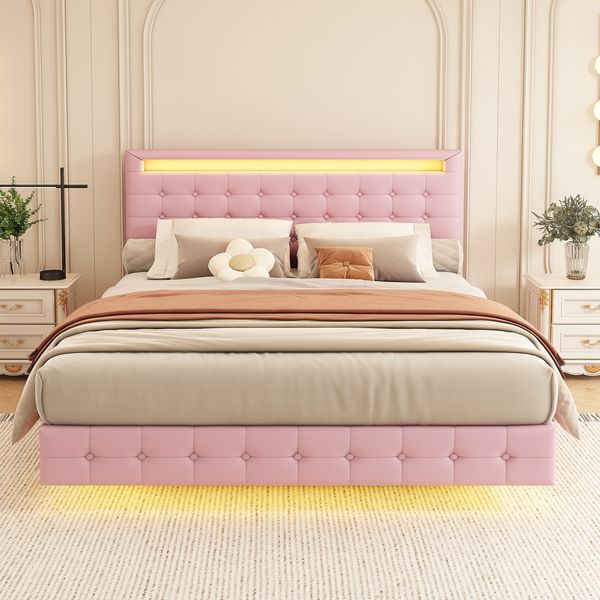 Flachbett 140x200 cm in Rosa mit LED-Umgebungslicht und höhenverstellbarem Kopfteil, ohne Matratze