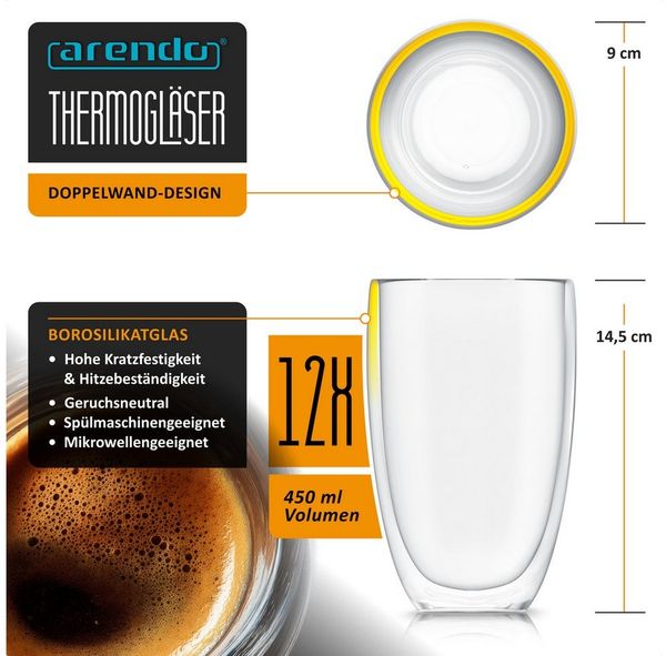 Arendo Gläser-Set doppelwandige Thermogläser, 450 ml Kaffeetasse, Trinkglas ohne Henkel, 12-tlg, Glas, für Latte Macchiato, Cappuccino, Tee, hitzebeständig spülmaschinenfest