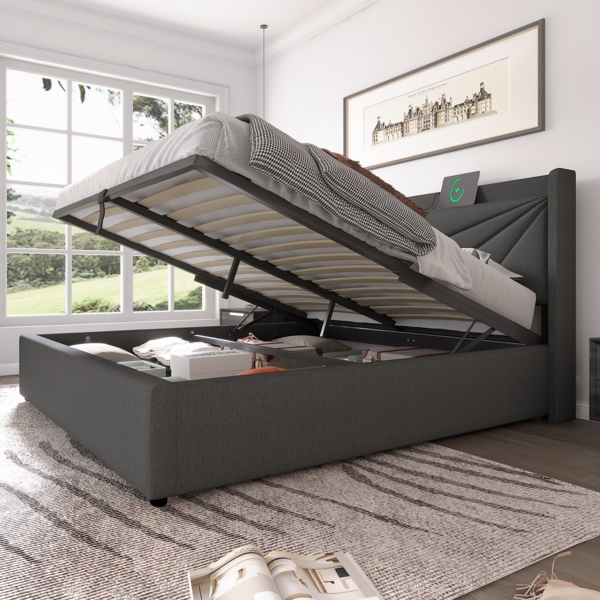 Polsterbett 180x200 cm mit Stauraum und USB-Typ C Ladefunktion, ohne Matratze, Grau