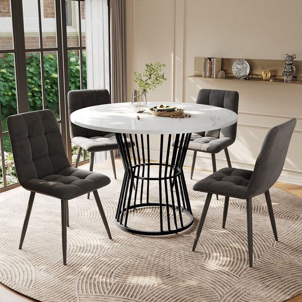 i@home Essgruppe Küchentisch-Set, (5-teilig), Esstisch-Set mit 4 Stühlen, (1 Tsich, 4 Stühle), runder Esstisch mit 100cm Durchmesser und schwarzen Metallbeinen