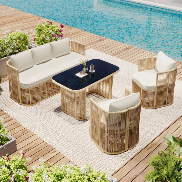 4-teiliges PE Rattan Gartenmöbel Set mit 3-Sitzer Sofa, 2 Sesseln & Glastisch – Outdoor Lounge Set mit Polyester Kissen, Stahlrahmen & gehärteter Glasplatte für Terrasse & Balkon