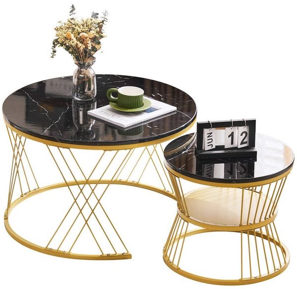 BlingBin Couchtisch Beistelltisch Wohnzimmertisch (Hochglänzendes Couchtisch-Set, 2-St, Marmoroberflächen und offene Stauräume), 70 × 70 × 45 cm + 45 × 45 × 40 cm