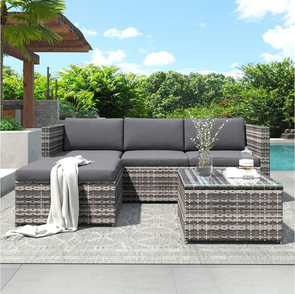Celya Gartenlounge-Set Gartenlounges für 4 Personen, Gartenmöbel mit Ecksofa und Tisch, (Couchgarnitur mit Sitz- und Ruckenkissen, Lounge-Tisch mit Glasplatte, Grau), Polyrattan Lounge-Sofagarnitur, Lounge-Gartenmöbel, Ecksofa