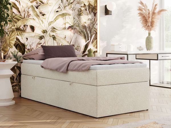 Boxspringbett 90x200 Polsterbett ZERO 90 Einzelbett ohne Kopfteil, inkl. Stauraum & Multipocket-Matratze, Hotelbett - Creme Strukture - H3 - Topper Visco