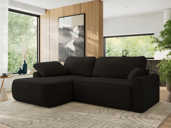 Ecksofa, L-förmiges, lose Kissen, DL-Schlaffunktion, (H 100 x T 187 x B 273 cm) - CUBO L - Boucle Schwarz - linke Seite