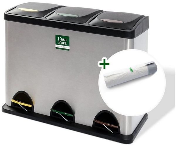 Floordirekt Mülleimer Küche, Trennsystem Brandon mit 3 Fächer, Edelstahl Abfalleimer, Farbmarkierungen für Mülltrennung - 3x 8L – 24L inkl. Müllbeutel