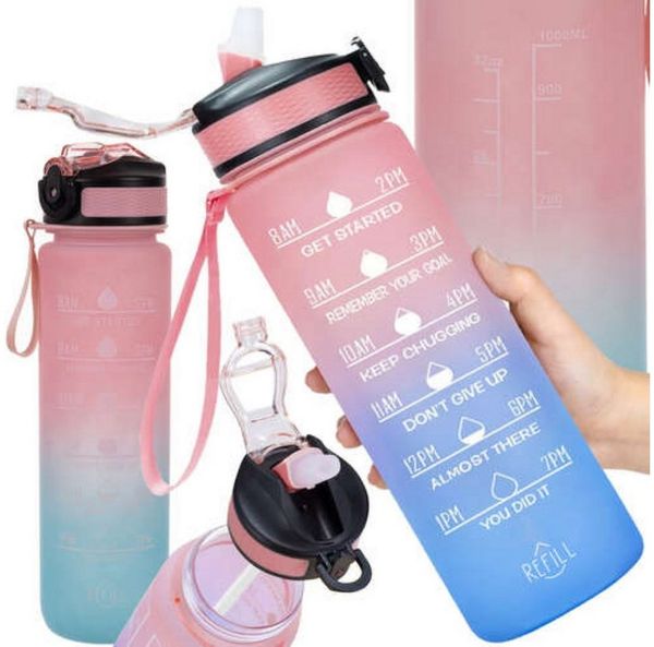 Trizand Trinkflasche Motivierende Sport Wasserflasche 1L - BPA-frei mit Silikonverschluss, praktischen Stunden-Skala für die tägliche Wasseraufnahme