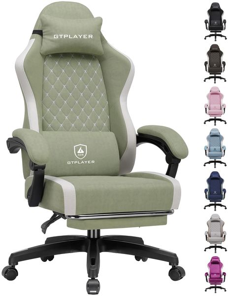 GTPLAYER Gaming Stuhl Ergonomischer, PC Stuhl Atmungsaktiver Stoff, Groß und Hoch Drehbarer Schreibtischstuhl mit Fußstütze,Verstellbare Lendenwirbelstütze und Kopfstütze,Grün