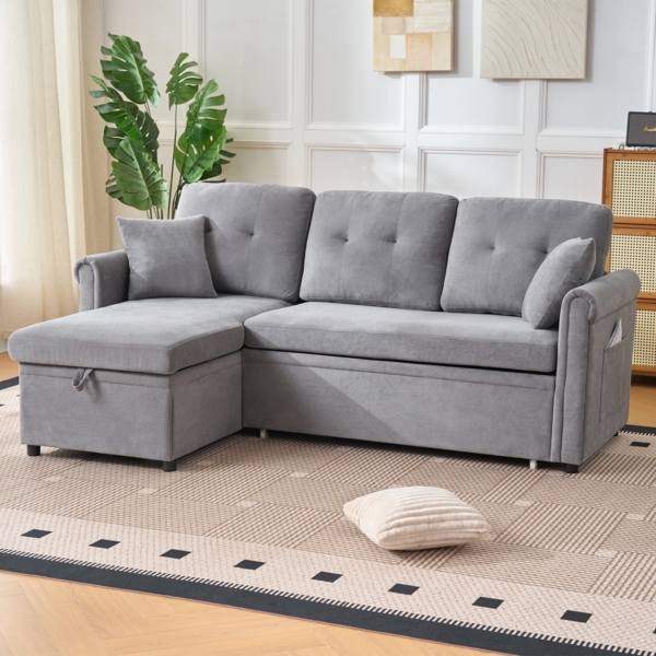 Ecksofa Schlafsofa, mit Bettkasten Schlaffunktion Stauraum beidseitig montierbar L-Form für Wohnzimmer oder Gästezimmer, Samt, Grau, —