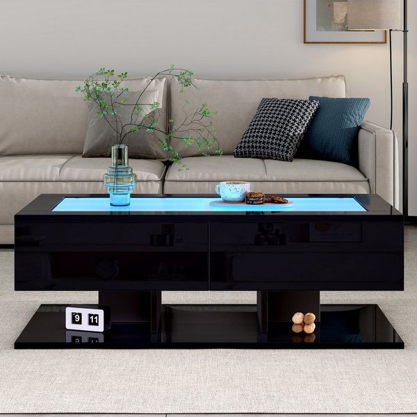 REDOM Couchtisch Hochglanz Beistelltisch mit Glasplatte (Wohnzimmertisch, Satztisch, 1-St, 2 Schubladen, 100*50*35cm), mit LED-Licht