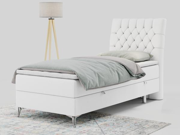 Boxspringbett MILEN, Einzelbett 90x200, Polsterbett mit Multipocket-Matratze und Topper - Weiß Kunstleder - rechts - H3