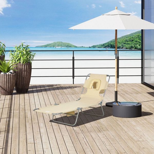 Outsunny Gartenliege mit Lesefenster, Kopfkissen, 5-Fach verstellbare Rückenlehne, Liegestuhl, 1 St, Sonnenliege, bis 120 kg belastbar, für Garten Strand Pool, Beige