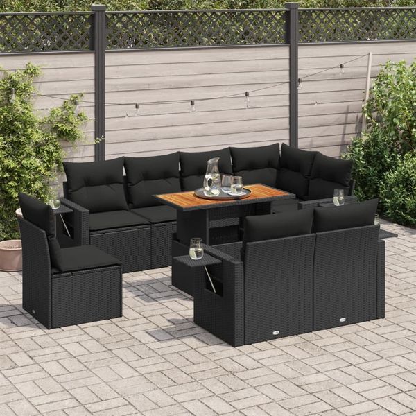 vidaXL 9-tlg. Garten-Sofagarnitur mit Kissen Schwarz Poly Rattan 3327163