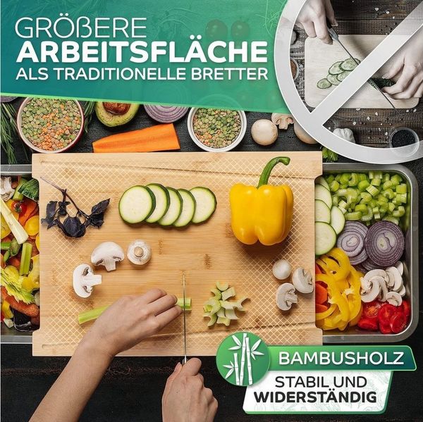 Loco Bird Schneidebrett mit Auffangschalen - 43x30x7cm groß -, Bambus, (Küchenbrett aus Bambus, 1-St, mit 2 Schalen aus Edelstahl), Ideales Küchenhelfer Gadget Set für die Küche
