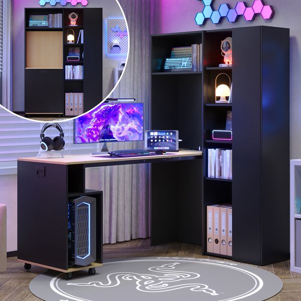 Flieks Klappbarer 2-in-1 Schreibtisch mit Bücherregal 104.5x30.5x160 cm, mit Steckdose & USB, Eck-Schreibtisch rechts, Schwarz