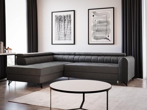 Ecksofa Alice mit Schlaffunktion und Bettkasten, Wohnlandschaft mit einstellbare Kopfstützen, Couch, Sofa, Bettsofa, Schlafsofa (Graphit (Kronos 22), Ecksofa Links)