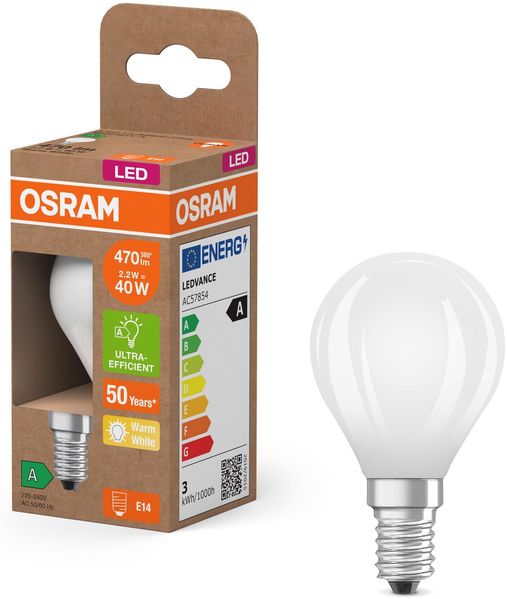 Osram Energy Class LED-Lampe in klassischer Miniballform, 2.2 W / 470 lm, EEK A, warmweißes Licht (2700 K), CRI 80, aus gefrostetem bleifreiem Glas, E14 Sockel, IP20, 45 mm Durchmesser.