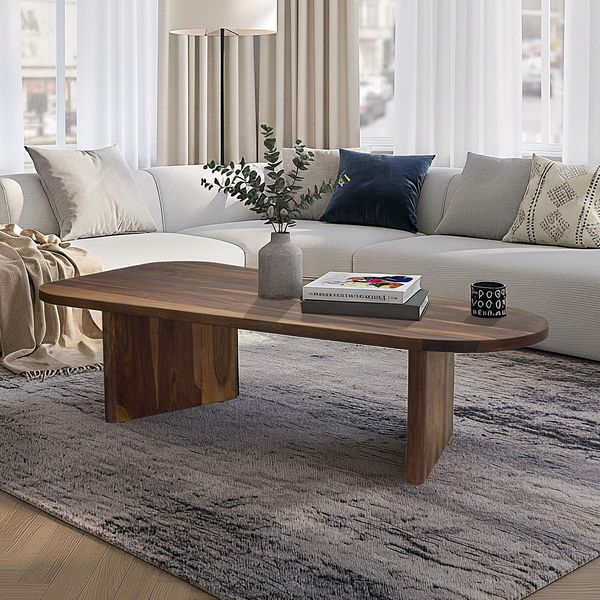 FineBuy Couchtisch Sheesham Massivholz oval 120cm · Handgefertigter Wohnzimmertisch im modernen Design mit abgerundeter Form · Flacher Sofatisch aus Echtholz