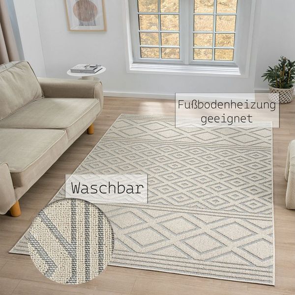 Vimoda Teppich galaxus Wohnzimmer Barbaren Design Hochtief Waschbar, in-/Outdoor, Rechteckig, Höhe: 10 mm, Rückenmaterial Baumwolle, Weich & robust modern Design Raute