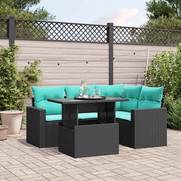 vidaXL 5-teiliges Gartensofa-Set mit Kissen, schwarzes Polyrattan 3267247