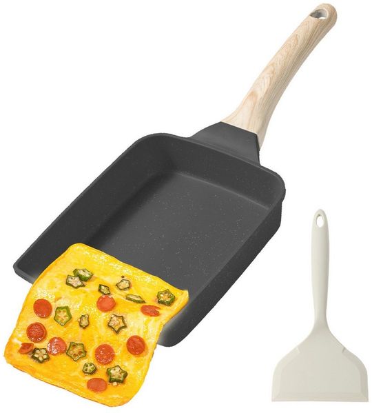 BlingBin Bratpfanne Antihaft Tamagoyaki Omelette Pfanne, Eierpfanne mit Holzgriff, Aluminiumlegierung (1er Set, 1-tlg, 1 Stück), Pfanne mit Silikonspatel für Alle Herdarten, Spülmaschinenfest