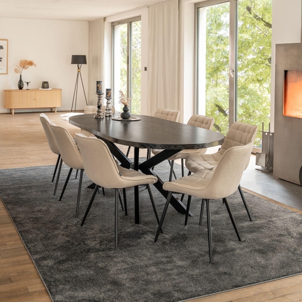 HOME DELUXE Essgruppe Oval Ausziehbar inkl. Sternfuß - 160 x 100 cm Dark Oak 8 Stühle Creme