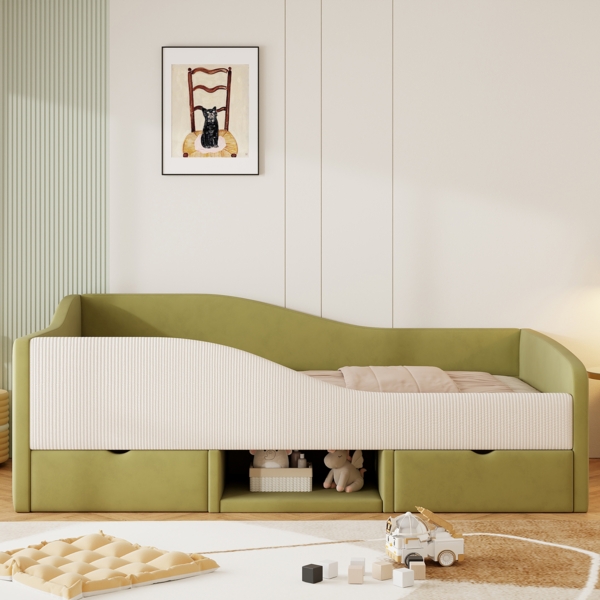 Kinderbett 90×190 cm mit Colorblock-Samt, Schutzgitter, Schubladen & Schuhfach, gepolstertes Jugendbett mit Stauraum,Dunkelgrün & Cremeweiß