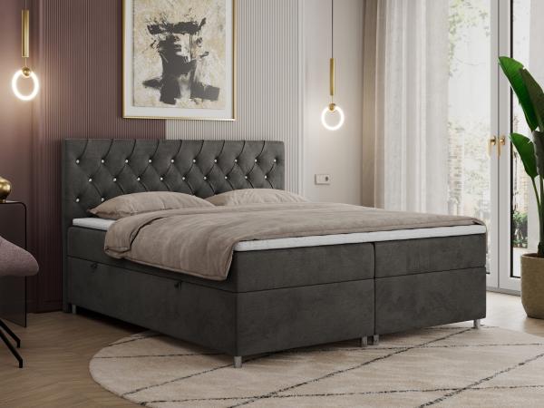 Boxspringbett Doppelbett Polsterbett Kunstlederbett mit Bettkasten - ROMA - 120x200 cm - Dunkelgrau Velours - H3