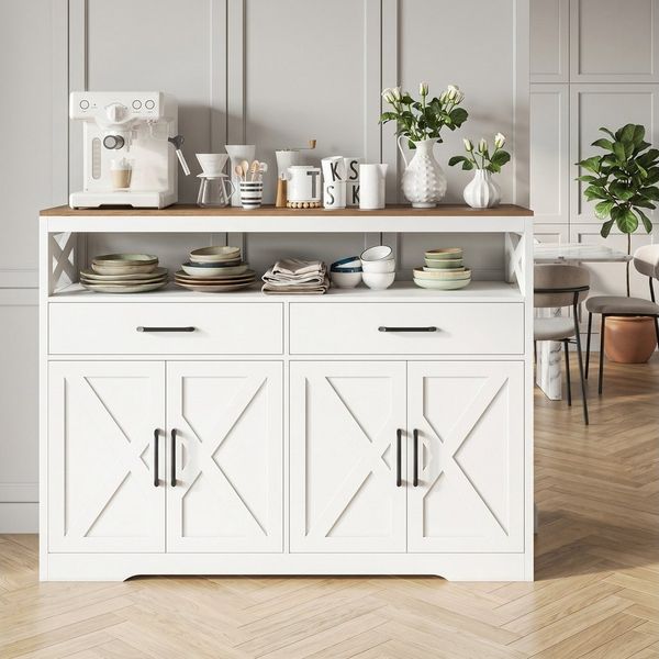 FUROKOY Sideboard Holz Küchenschrank Kommode Aufbewahrungsschrank, Weiß Buffetschrank 2 Schubladen 4 Türen 140x40x105cm