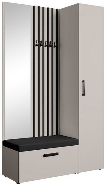 Beautysofa Garderoben-Set MARGARET Flurgarderobe mit Spiegel, (Kleiderschrank, Schuhschrank, Sitzbank, Kleiderstange, Flurmöbel-Set mit Lamellen), verschiedene Farben und Breiten