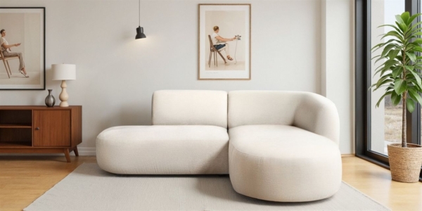 Ecksofa Designersofa BABETTE in Stoff Lins Creme Ottomane Rechts