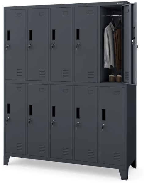 Umkleideschrank Spind BARTEK - 10 Abteile, Etikettenhalter Lüftungsschlitze | Umkleidespind Schließfachschrank Garderobenspind, 172x136x45cm Anthrazit