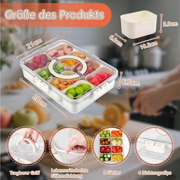TUWENA Frischhaltedose Snackteller Mit 8 FäChern und Griff, Tragbar Snackboxen Organizer