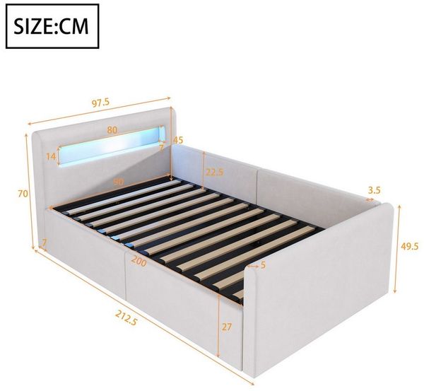 Celya Polsterbett Kinderbett, Mit LED-Licht, Mit Nachtlicht und USB-Ladeanschluss (Ohne Matratze, Jungen- und Mädchenbetten, Samtstoff), 90*200 cm, Mit Regal, Mit Hydraulischem Stauraum, Einfaches Einzelbett