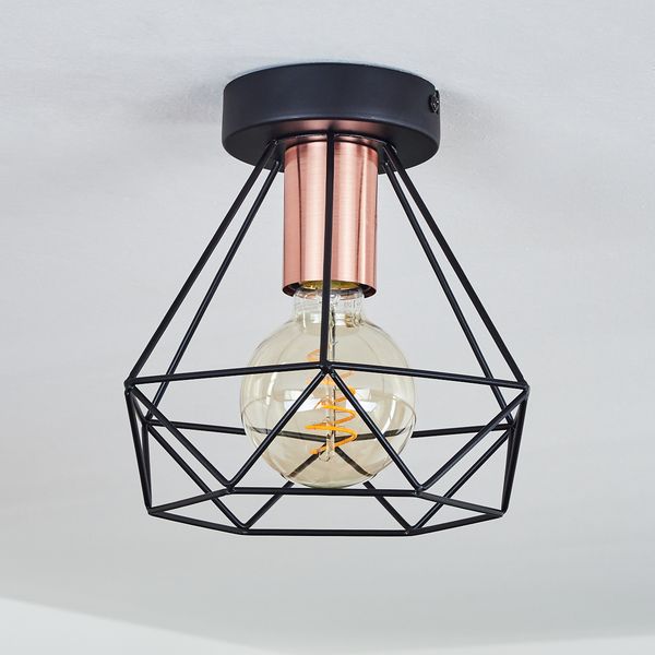 hofstein Deckenleuchte »Ozieri« 1-flammige Deckenlampe aus Metall in Schwarz und Kupfer, ohne Leuchtmittel, Vintage Look Deckenlampe mit Metallschirm Käfig und Lichteffekt, 1xE27