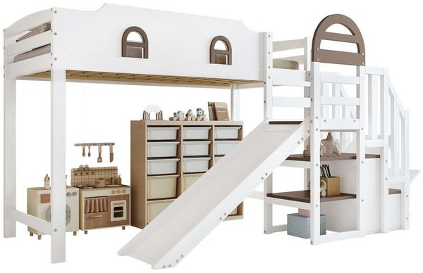 Merax Etagenbett (1-St), Kinderbett Hochbett 90x200cm mit Rutsche Stauraumtreppe Ablagefläche