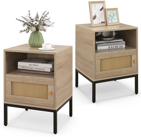 2er Set Rattan Nachttisch mit Offenem Regal & Schrank Nachtschrank Beistelltisch Natur