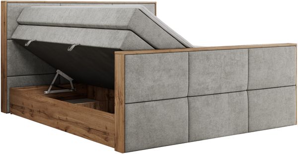 Doppelbett, Boxspringbett mit zwei Multipocket-Matratzen und ein Topper, Bettkästen, Eiche Wotan Holzrahmen, genähtes Kopfteil und Front - ALBERO 2 KING DUO - 180 x 200 cm - Hellgrau Stoff - H4 Bild 5