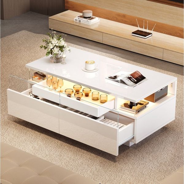 KLAM HOME Couchtisch 90x45x35.5 cm Couchtisch mit Tablett, Sofatisch mit 2 Schubladen (Hochglanz-Couchtisch fürs Wohnzimmer, kaffeetisch mit LED-Licht), Tragender Beistelltisch aus gehärtetem Glas