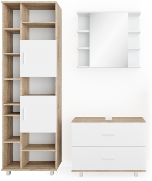 Badmöbel-Set Ilias Weiß/Sonoma 3 Teile, mit Unterschrank 80 cm Vicco