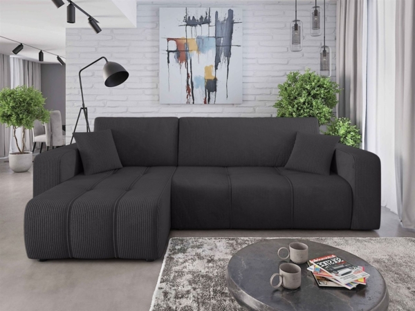 Ecksofa mit Schlaffunktion Sofa DAGNY in Stoff Poso Schwarz Ottomane Links