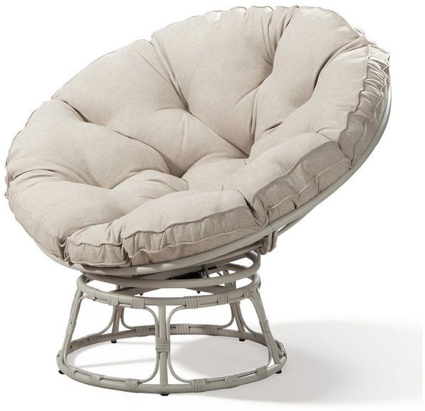 TWSOUL Rattanstuhl Drehsessel mit gepolstertem Kissen, runder Stahlrahmen Loungesessel, B102xH94cm Bis 170kg Balkon Garten Wohnzimmer Schlafzimmer, Cremeweiß