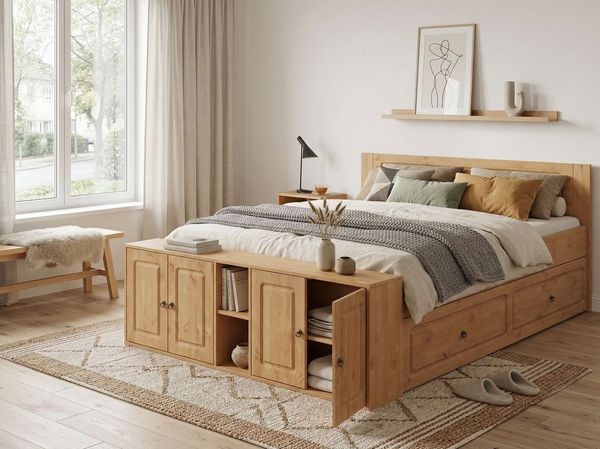 OTTO home Massivholzbett Paula, mit Türen und Ablage, Schublade optional, Landhausstil (B/T/H: 148,8/224,4/82 cm), Massive Kiefer, extra viel Stauraum im Fußteil, FSC®-zertifiziert