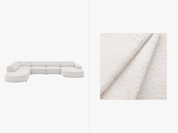 Micadoni Panorama-Ecksofa Jodie 7-Sitzer runde Recamiere Links Boucle Baloo Weiß